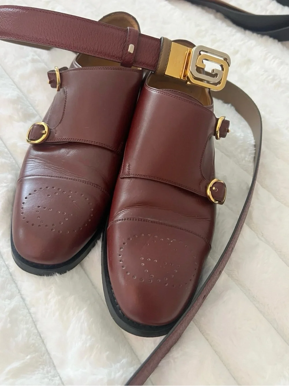 Gucci Burgundy Leather Belt with Gold & Silver Interlocking G Buckle